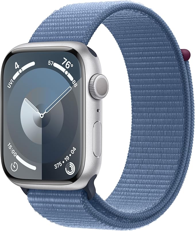 Apple Watch Series 9 [GPS 45mm] Smartwatch with Silver Aluminum Case with Winter Blue Sport Loop One Size. Fitness Tracker, ECG Apps, Always-On Retina Display, Carbon Neutral