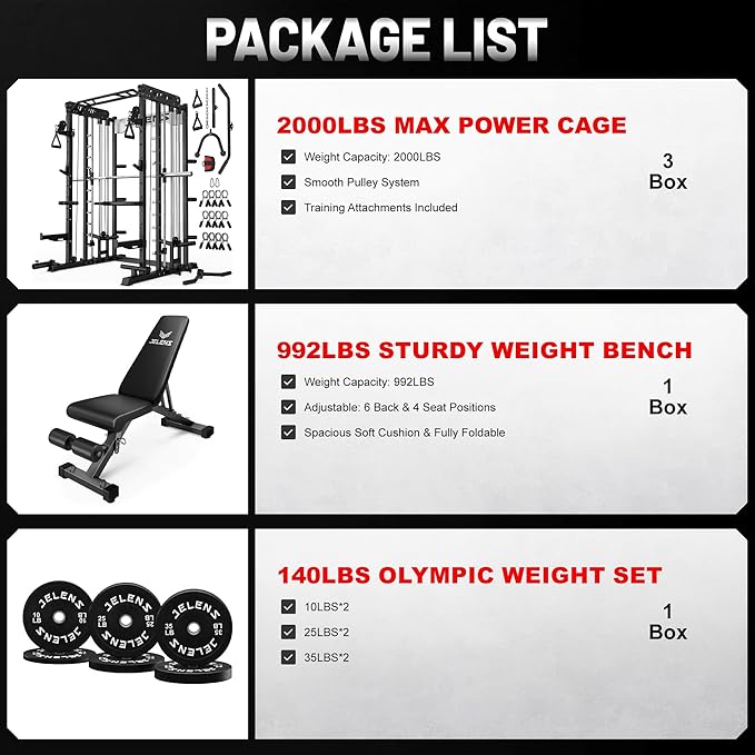 JELENS Smith Machine for Home Gym, Multi-Function M12 Power Cage with Cable Crossover System, Squat Rack with Smith Bar and More Attachment
