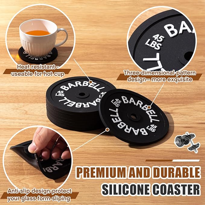 Blushtier 8 Pcs Barbell Bumper Plate Cool Coasters Round Silicone Coasters Weight Plate Coaster with Rack Holder for Gym Lovers Gym Accessories(Black)