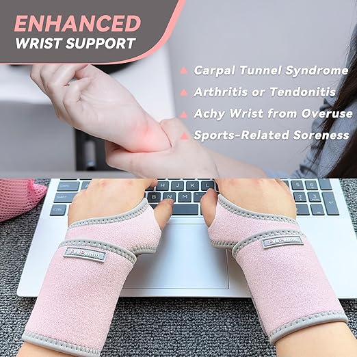 Carpal Tunnel Wrist Brace for Right Left Hand 2 Pack, Wrist Support Wraps for Women Men, Adjustable Wrist Brace for Tendonitis, Arthritis, Weightlifting, Sports, Day Night Support, Pink