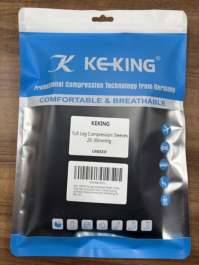 KEKING Full Leg Compression Sleeves, Unisex, Thigh High Compression Stocking 20-30mmHg Graduated Support for Thigh Calf Knee, Running, Basketball, Reduce Varicose Veins and Swelling, All Black 3XL