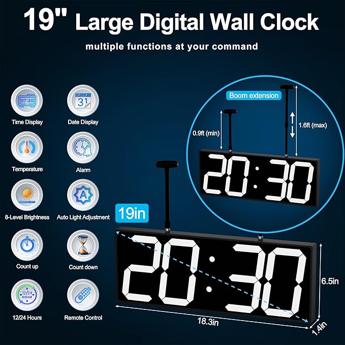 CHKOSDA 19" Double Sided Digital Wall Clock Large, Remote Controlled LED Dual Face Clock with White Digits, Auto-Dimming, Heat-Resistant Frame for Hospital, Office, School, AC Powered.