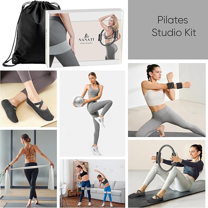 NANATI Pilates Kit, Pilates Essentials Kit for Women Home Workouts, Pilates Equipment with 14.5" Pilates Ring and Ball,7 Resistance Bands,Ankle Weights,Sliders & Grip Socks for Beginners