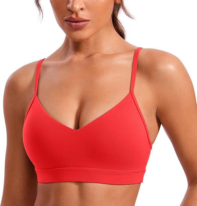 CRZ YOGA Butterluxe V-Neck Sports Bras for Women - Adjustable Thin Straps Padded Yoga Top Basic Wireless Camisole