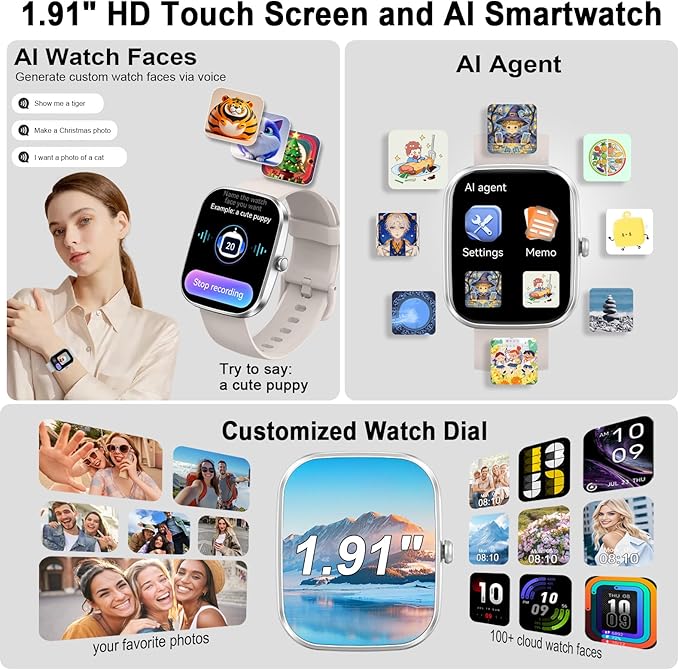 uaue AI Smart Watch with ChatGPT, 1.91" Bluetooth Calling Smartwatch for Men Women, 110+ Fitness Modes Activity Tracker, Sleep/Heart Rate/Calorie Monitor, IP68 Waterproof Step Counter for Android iOS