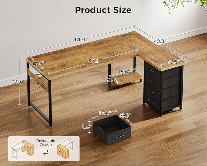 AODK L Shaped Desk with 4 Tier Drawers, 61" Reversible Gaming Desk with Power Outlets, L Shaped Computer Table with USB Charging Port and Host Stand, Home Office Table, Easy to Assemble, Vintage