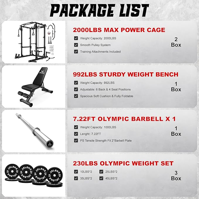 JELENS C12 Squat Rack for Home Gym, 2000LBS Power Rack with Adjustable Pulley System, Power Cage Workout Equipment with LAT Pulldown and Training Attachment