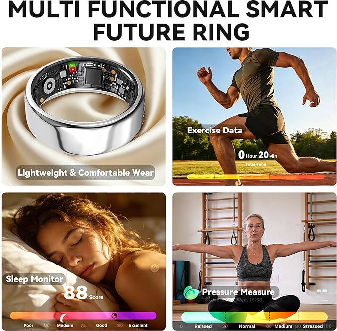 Smart Ring for Women Men,Fitness Tracker Ring,Heart Rate,Blood Oxygen,Step Tracker,Sleep Tracker,Meditation Assistance,No Subscription Fee,IP68 Waterproof Smart Ring for iphone&Android(Silver 12)