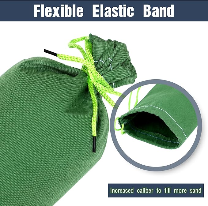 Threan 2 Pcs Long Canvas Sandbags for Flooding Sand Tube Bags Flood Protection Thickened Reusable Rain Wind Flood Barrier with Elastic Band Water Barrier Tube for Door Rain Control, Green (24ft)