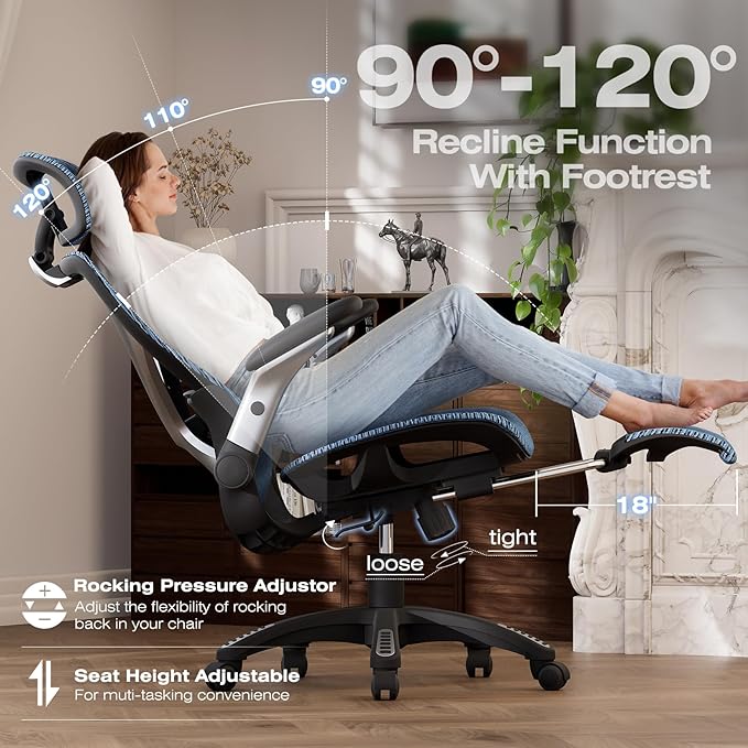 ELABEST X100 Ergonomic Office Chair with Footrest, Big and Tall Home Desk Chair with 5D Flip-Up Arms, Adjustable 3D Lumbar Support,High Back Rolling Computer Chair, Swivel Mesh Chairs (Oaxaca Blue)