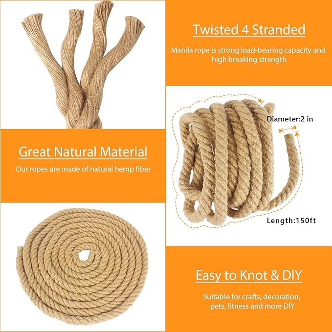 Manila Rope 2 Inch X 150 Ft, Hemp Rope 4 Strand Twisted, Natural Thick for Crafts Large Heavy Duty Multipurpose for Swing Bed, Camping, Tug of War, Docks, DIY Projects