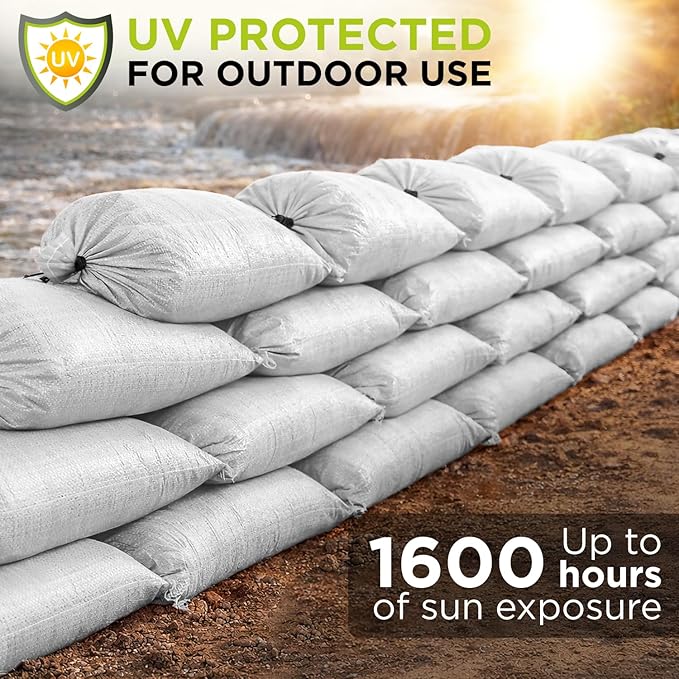 Heavy Duty Sand Bags Pack of 24, White Empty Sandbags with Built-In Ties, Woven Polypropylene UV Protection 1600 Hours, Fillable Bags for Flood Control, Weight, 36x48 inches, 175 Pounds Volume
