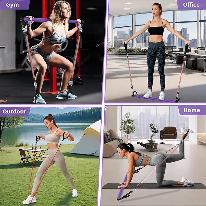Goocrun Portable Pilates Bar Kit with Resistance Bands for Men and Women - 3 Set Exercise Resistance Bands - Multifunctional Home Gym - Supports Full-Body Workouts – with Fitness Poster and Video