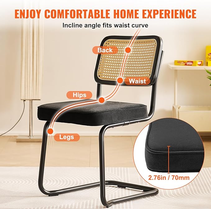 VEVOR Rattan Dining Chairs Set of 2, Mid Century Modern Dining Chair, Upholstered Velvet Accent Chair with Rattan Back, Retro Dining Room Kitchen Chair for Living Room, Bedroom(18.1 Inch)