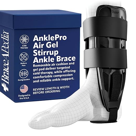 AnklePro Air Cushion Stirrup Ankle Stabilizer Brace - Removable Cold Therapy 3-Strap Rigid Stirrup Ankle Splint w/Gel Pad for Women & Men - Lateral Support for Stability, Black, Regular