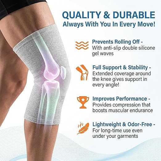 Premium Bamboo Knee Sleeve - 2 Pair Bamboo Compression Knee Sleeve for Women & Men, Anti-Slip Elastic Sport Warm Knee Brace for Arthritis (Black+Gray,Medium)
