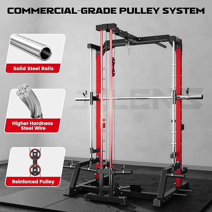 JELENS SR01 Smith Machine, 2000LBS Multi-Function Power Cage with LAT Pulldown System, All-in-One Home Gym Squat Rack with Smith Bar and Training Attachments for Full Body Workouts