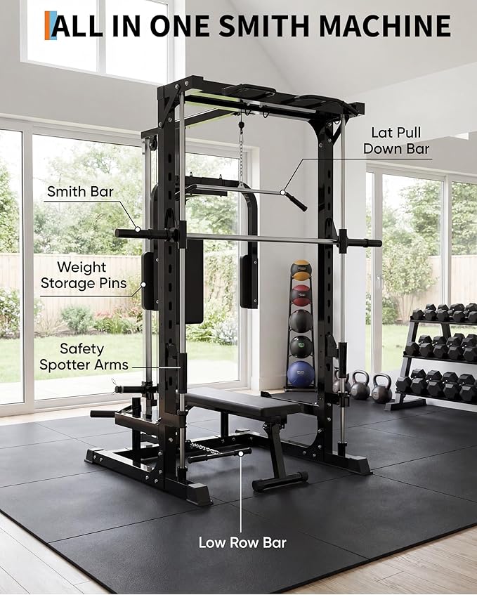 Garvee Smith Machine, Heavy Duty Power Cage Squat Rack with Smith Bar, LAT Pulldown System, Chest Station & More Training Attachment, Home Gym Equipment for Strengthen Training