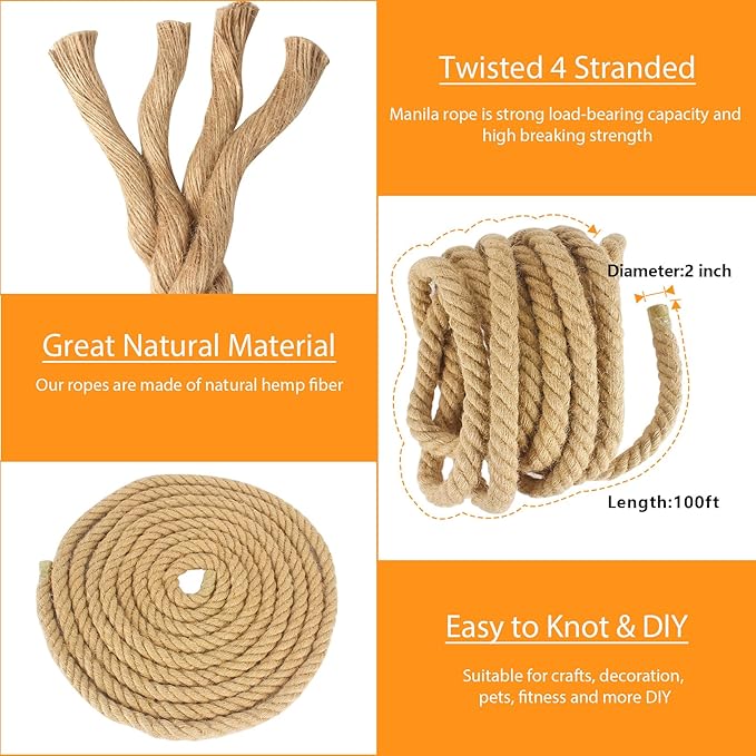 Manila Rope 2 Inch X 100 FT, Natural Hemp Rope 4 Strand Twisted, Thick Large for Crafts Heavy Duty Multipurpose for Swing Bed, Camping, Tug of War, Docks, DIY Projects.