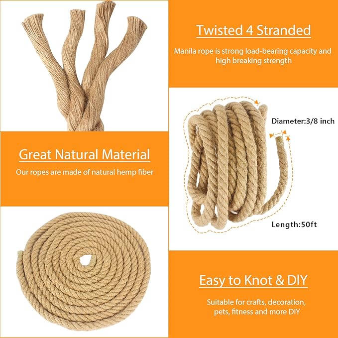 DEDU Hemp Rope, Twine Sisal Rope 3/8 Inch X 50 Ft, Natural Twisted 4 Strand Manila for Crafts Heavy Duty Multipurpose for Cat Scratcher, Docks, DIY Projects.