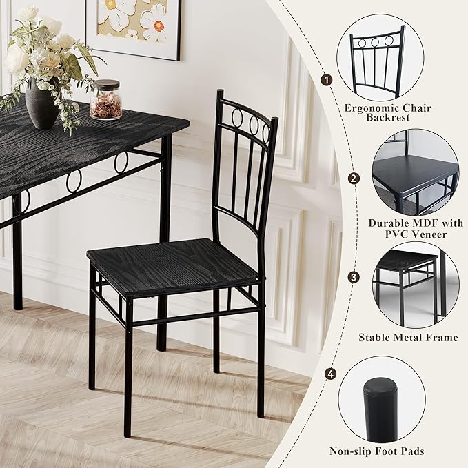 5 Piece Dining Table Set, Modern Metal&Wood Kitchen Dinner Table with 4 Chairs, Dining Room Table Sets for Small Spaces, Black