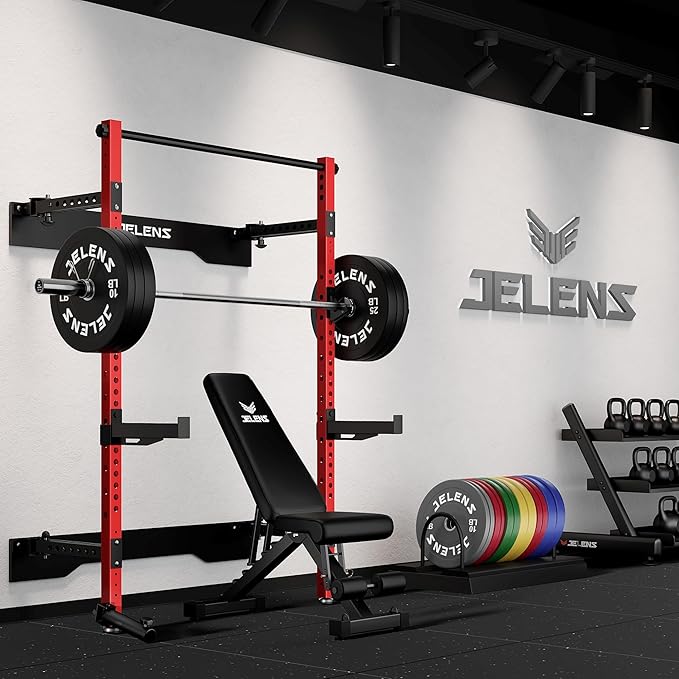 JELENS SF01 Folding Squat Rack, Wall Mounted Power Rack for Home Gym, Space Saving Multi-Functional Power Cage with More Attachments
