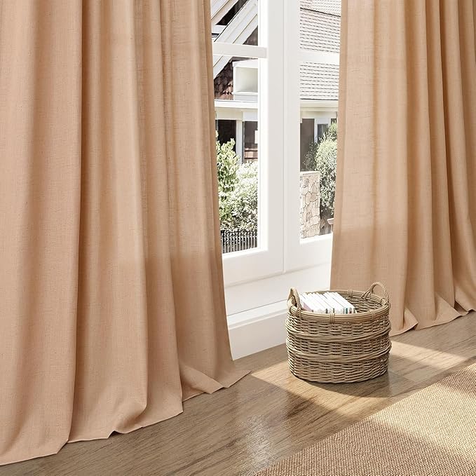 Nanspring Camel Linen Curtains for Living Room 95 Inches Long Back Tab and Rod Pocket Light Filtering Semi Sheer Vintage Rustic Curtain Luxury Boho Decor Drapes for Bedroom Office 52x95, 2 Panels