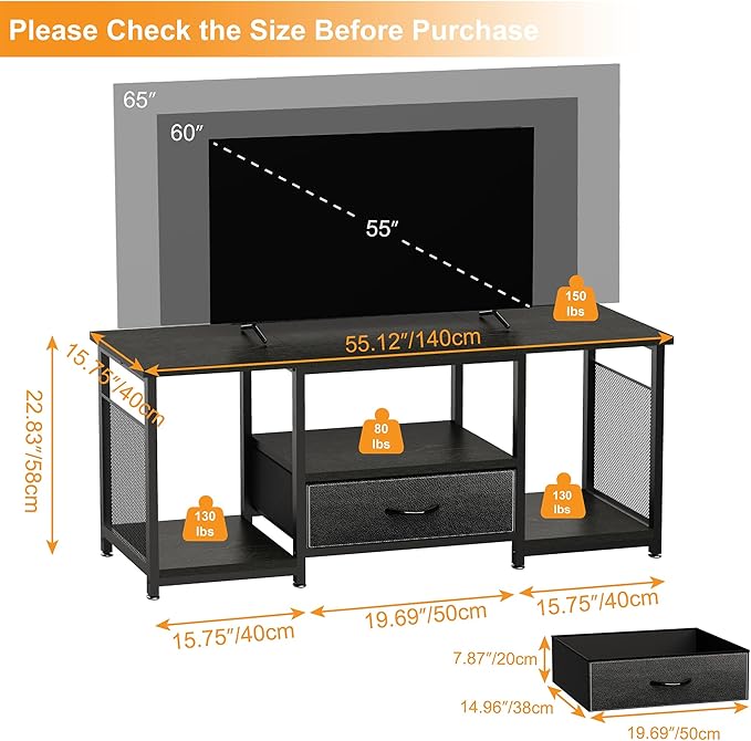 TV Stand with Drawers and Open Storage Shelves for 65 60 55 Inch TV, Entertainment Center with Open Storage Shelves, Industrial Media TV Console Table for Living Room Bedroom Office, Black