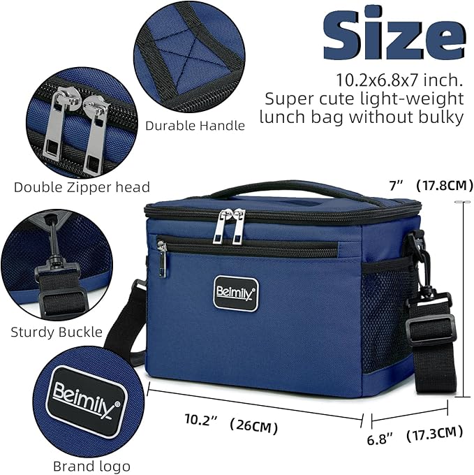 BEIMILY Lunch Box for Men/Women,Small Insulated Lunch Bag,Reusable LunchBox for work Picnic Hiking Beach,Leakproof Soft Cooler Tote Bag Organizer with Adjustable Shoulder Strap for Adults (Blue)