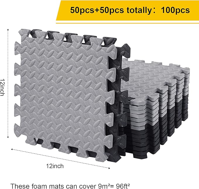 Ecally 100 Pcs 12 x 12 Gym Mat Foam Floor Mats for Home Gym Covers 96 Sq Ft Puzzle Exercise Square Interlocking Carpet Tiles with Border for Workouts Equipment Yoga Pilates (Black,Gray)