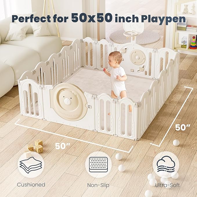 ACOMOPACK Baby Play Mat for Floor 1.3" Thick Memory Foam 50x50 Soft Velvet Playpen Mat for Kids,Infants,Toddlers,Tummy Time Crawling Mats with Non-Slip Bottom,Yoga,Tatami,Nursery Rug（Beige）