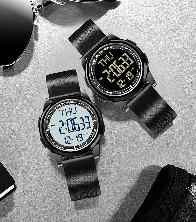 Beeasy Digital Watch for Men Women, 50M Waterproof, Ultra-Thin & Lightweight, 44mm Silicone Sports Watch with Alarm, Stopwatch, Countdown, Ideal for Gym, Running, School, Daily Wear