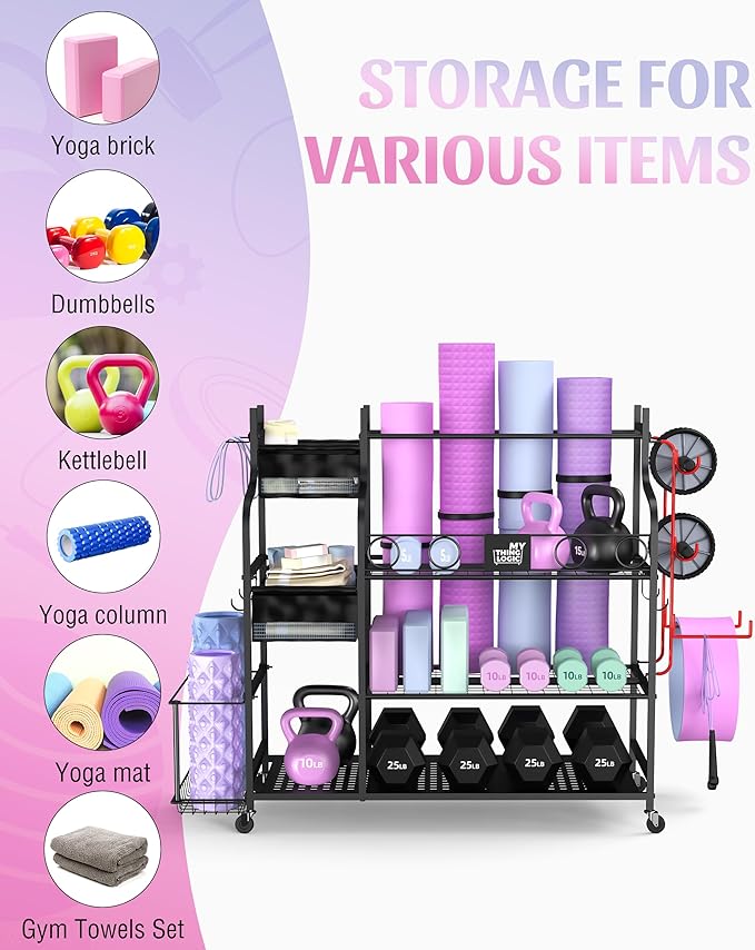 Mythinglogic Weight Rack for Dumbbells, Home Gym Storage for Yoga Mat Dumbbells Kettlebells and Strength Training Equipment, Dumbbell Rack with Wheels and Hanging Hooks