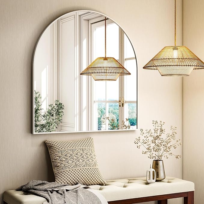 Arched Bathroom Mirror, 32x34 Inch - Wall Mounted Vanity Mirror with Aluminum Alloy Frame - Ideal for Living Room, Bedroom, Bathroom, and Entryway, Hanging or Leaning,White