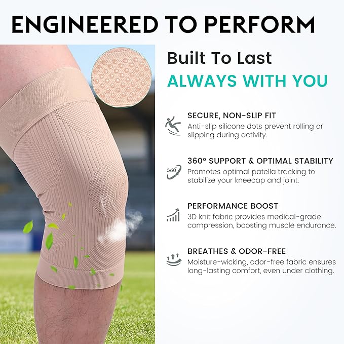 KEKING Orthopedic Brace for Tendinitis, Arthritis, ACL, MCL, Injury Recovery, Meniscus Tear, Knee Pain, Aching Knees, Patellar Tendonitis and Arthritis, Knee Compression Sleeves 2 Pack, Beige L