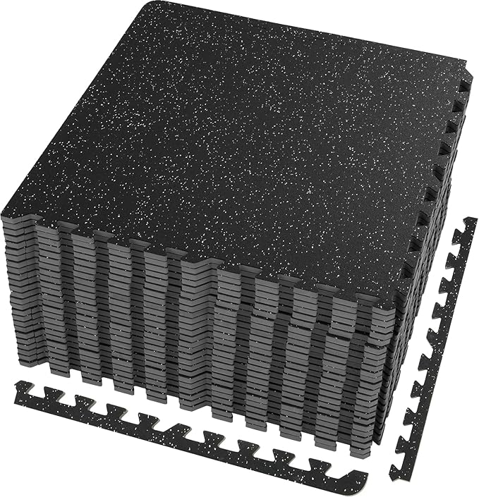VEVOR 0.56Inch 100sq.ft Exercise Equipment Mats, 25 Tiles Upgraded Rubber Top with High Density EVA Foam, Interlocking Gym Flooring for Home Gym, 25 x 25In Gym Mats, Puzzle Workout Mats, Black & Gray
