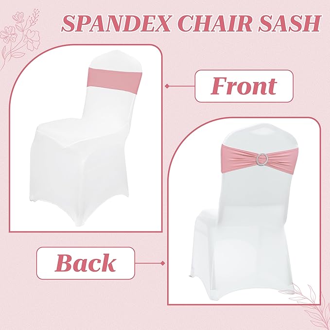 VDS - Dusty Rose | Spandex Chair Sashes Bows | 50 PCS | Stretch Elastic Banquet Universal Folding Chair Band Tie with Silver Buckle Slider for Wedding Party Conference Celebration Event Decoration