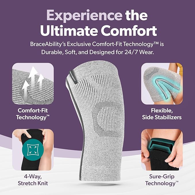 BraceAbility Plus Size Knee Brace for Women and Men – Compression Sleeve for Knee Pain Relief, Arthritis, Swelling, Osteoarthritis, Meniscus Tear, Joint Support Knee Stabilizer (5XL/6XL Gray)