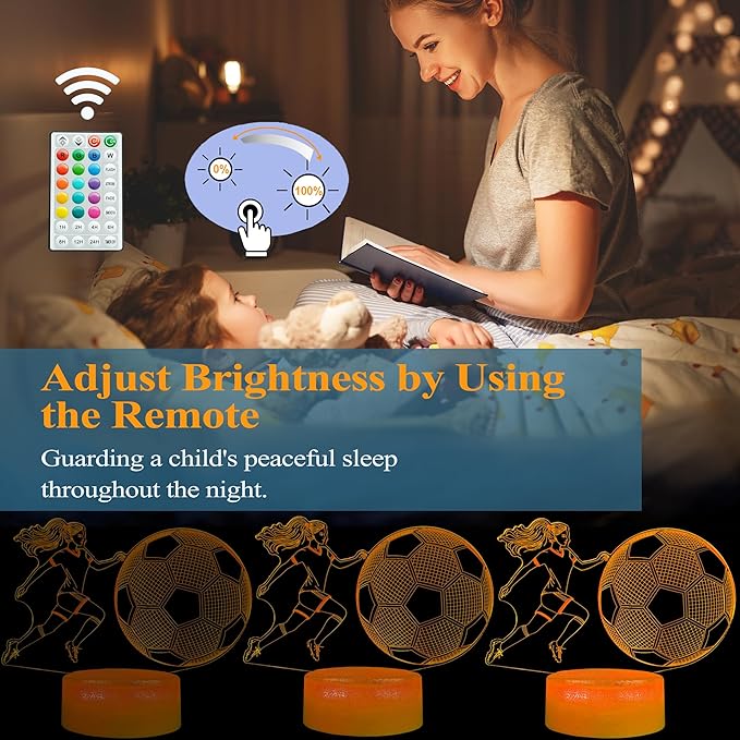 Soccer Night Light, Soccer Gifts for Girls, 3D Illusion Lamp with Remote, Timer, 16 Colors Changing, RGB Flashing Mode and Dimmable, Gifts for Girls Christmas Holiday