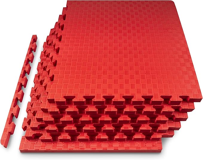 ProsourceFit Exercise Puzzle Mat 1-inch, Checkered EVA Foam Floor Tiles w/Non-Slip Texture, Interlocking Design for Adjustable Gym Surfaces, Shock Absorbing, Red, 24 SQ FT - 6 Tiles