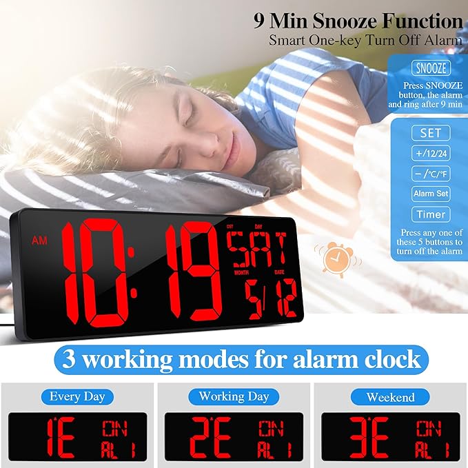 Large Digital Wall Clock with Remote Control 17.2" LED Large Display Timer with Temperature Date Week Auto DST Adjustable Brightness, Big Wall Alarm Clock for Living Room Office Garage Gym Seniors