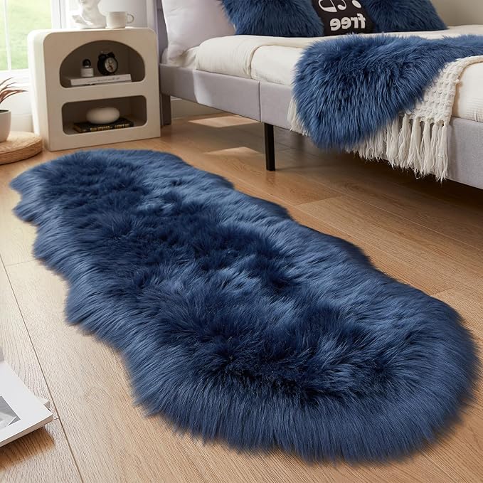 AMTOVO Faux Sheepskin Rug, Dark Blue Ultra Soft Fluffy Shag Area Rug, 2 x 6 ft Faux Fur Rug for Bedroom Sofa Throw Cushion Room Decor, Sheepskin