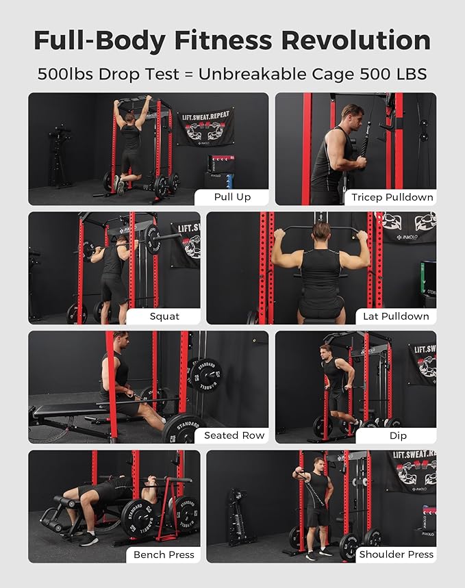 Mikolo F4 2.0 Power Cage with Dual-Track Smooth Pulley System, 1200LBS Power Rack with Leg Hold-Down for Heavy LAT Pulldowns, All-in-One Squat Rack with More Training Attachments for Home Gym