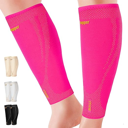 Copper Calf Compression Sleeves for Men & Women - High Stretch Graduated Compression with Anti-Slip Grip | Breathable & Smooth Lining Footless Design for Runners, Shin Splints, Leg Fatigue & Travel (Pink, Medium)