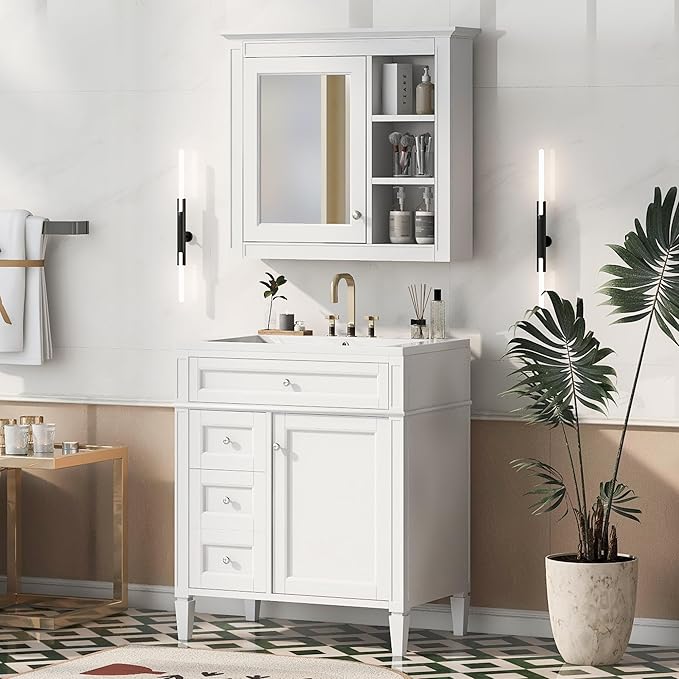 30" Bathroom Vanity with Matching Medicine Cabinet, Modern Sink Storage Cabinet with Drawers, Soft Closing Doors and Shelf, Bathroom Vanities with Sink & Mirror