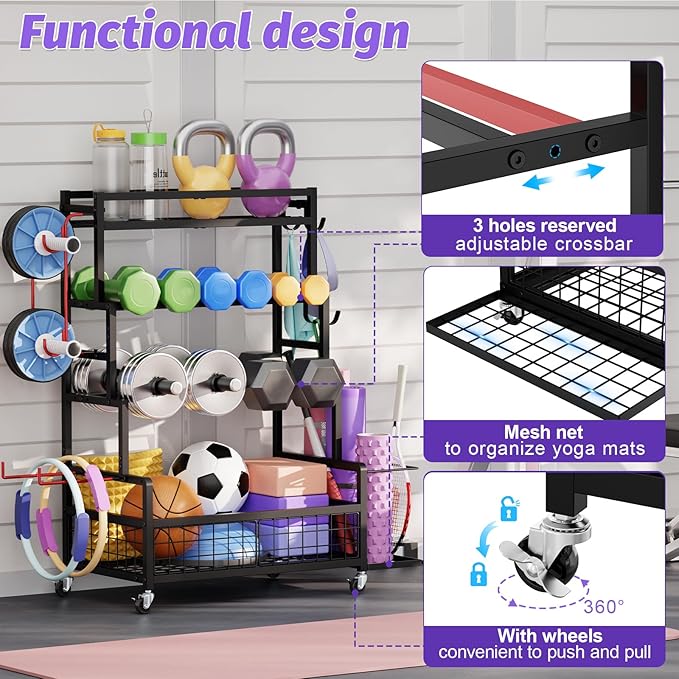 Dumbbell Rack,Home Gym Storage Rack,Total Weight Capacity 490 lbs,Weight Rack with Wheels/Strength Training Equipment Storage Rack with Hooks,Stores Dumbbells,Kettlebells,Yoga Mats