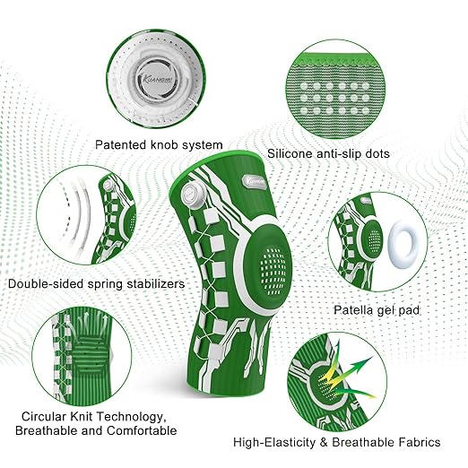 Kuangmi Knob Knee Brace for Pain Relief, Knee Support with Patella Gel Pad & Side Stabilizers, Compression Knee Sleeve for Workout, Arthritis, Joint Pain, Meniscus Tear (Green White,Left,Medium,Single)