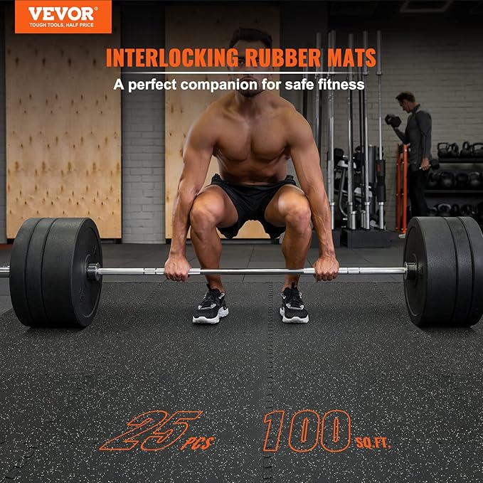 VEVOR 0.56Inch 100sq.ft Exercise Equipment Mats, 25 Tiles Upgraded Rubber Top with High Density EVA Foam, Interlocking Gym Flooring for Home Gym, 25 x 25In Gym Mats, Puzzle Workout Mats, Black & Gray