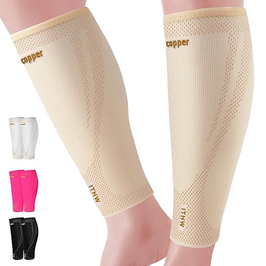 Copper Calf Compression Sleeves for Men & Women - High Stretch Graduated Compression with Anti-Slip Grip | Breathable & Smooth Lining Footless Design for Runners, Shin Splints, Leg Fatigue & Travel (Nude, Large)