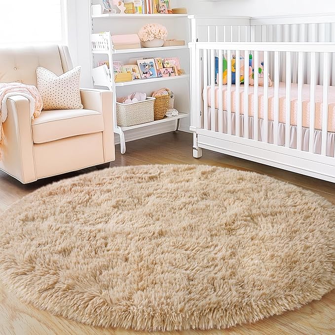 4'x4' Beige Round Rug for Bedroom, Ultra Soft Fluffy Circle Rug for Kids Girls Boys Room, Cute Shag Rugs for Living Room Playroom Tent Castle Home Decor Rug